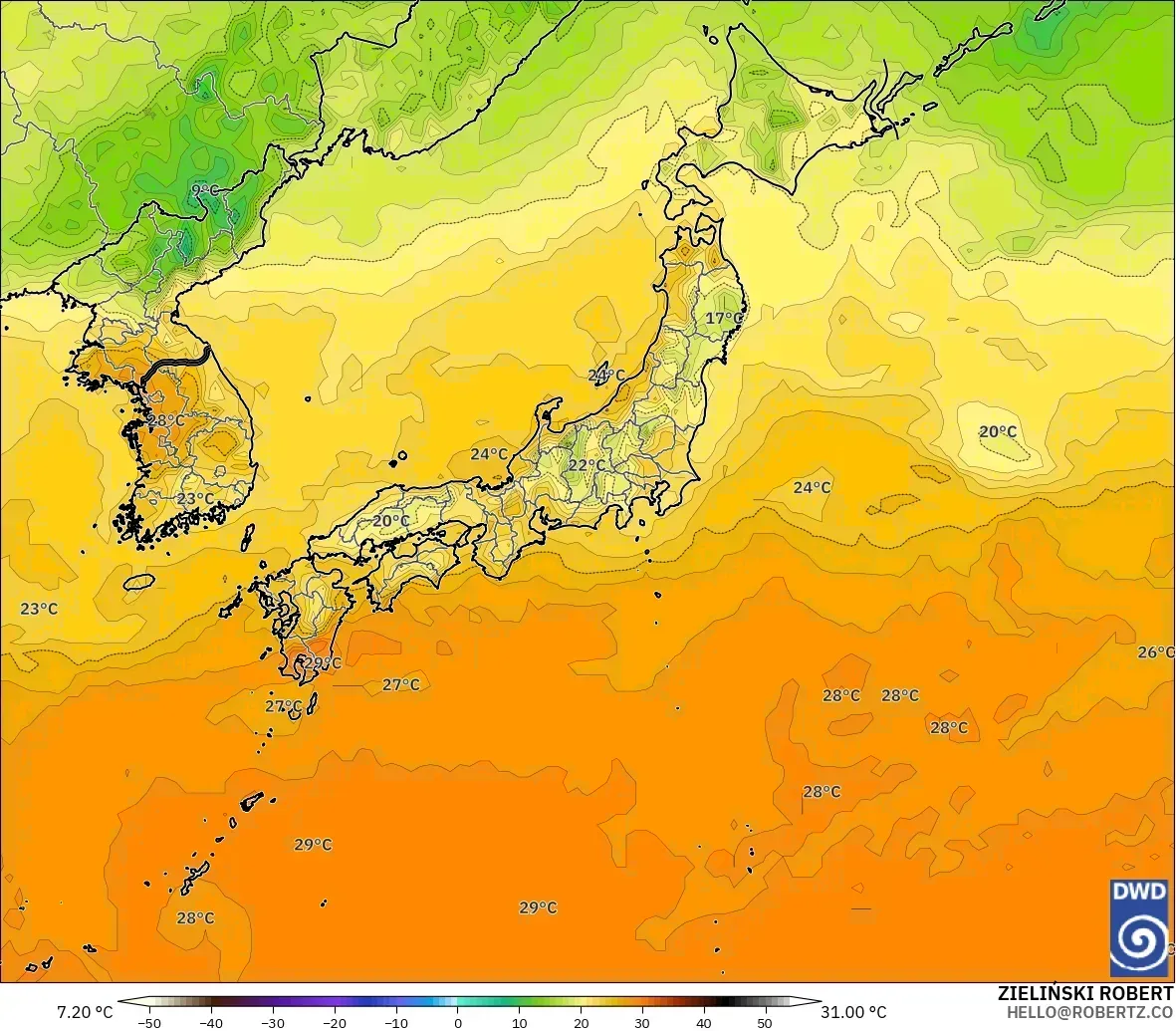 日本全土で28℃までの気温、2026年9月28日(月)、ICONモデル