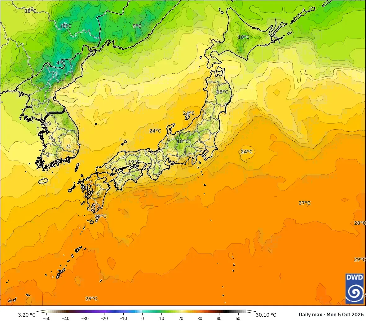 日本全国で最高気温は最大30℃、2026年10月5日（月）。ICONモデル
