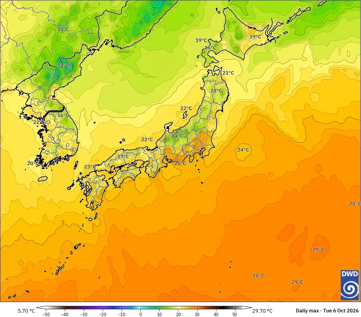 日本全国で最高気温は最大30℃、2026年10月6日（火）。ICONモデル