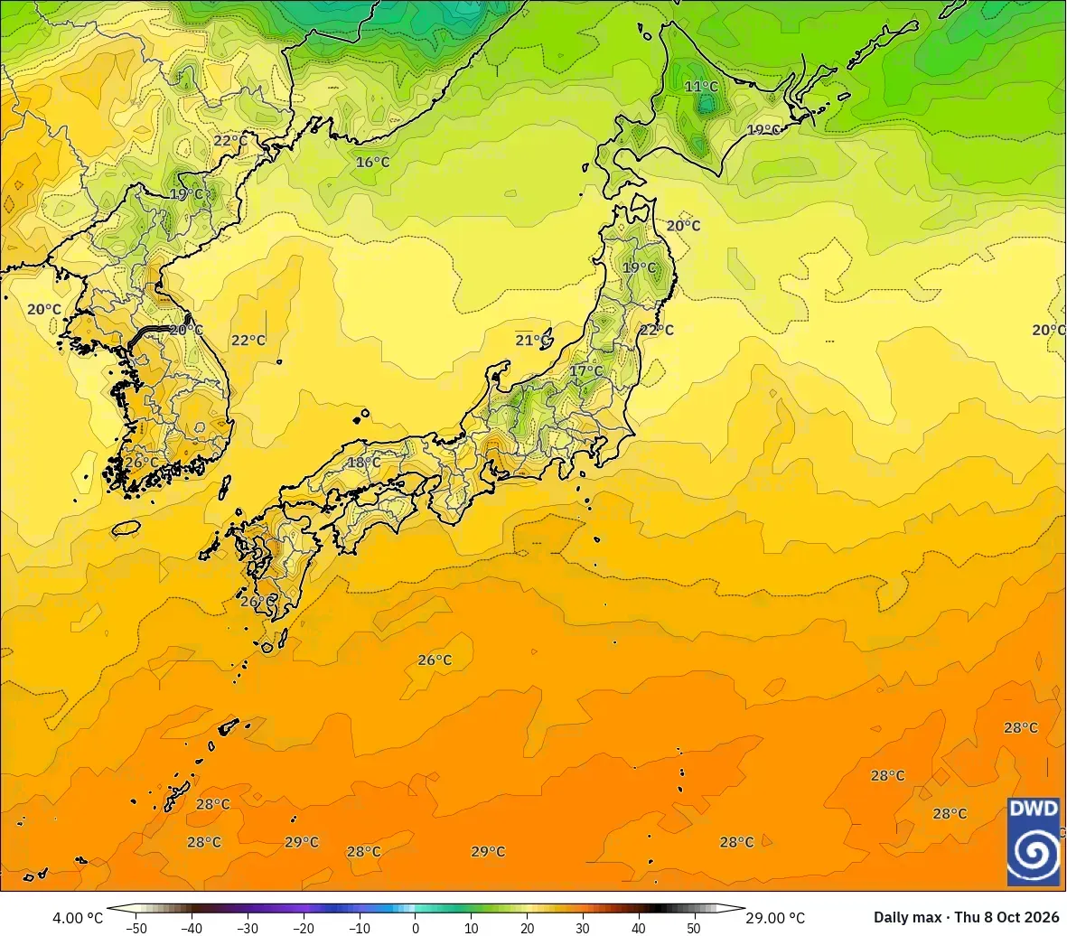 日本全国で最高気温は最大29℃、2026年10月8日（木）。ICONモデル