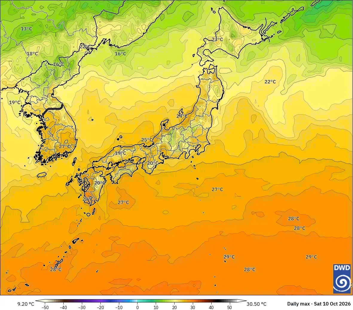 日本全国で最高気温は最大31℃、2026年10月10日（土）。ICONモデル