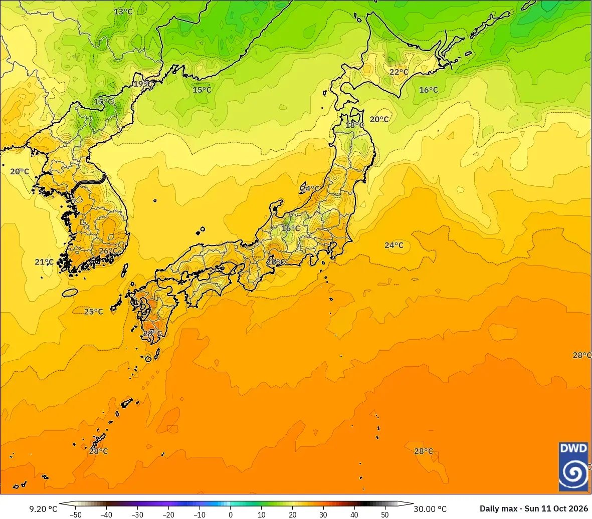 日本全国で最高気温は最大30℃、2026年10月11日（日）。ICONモデル