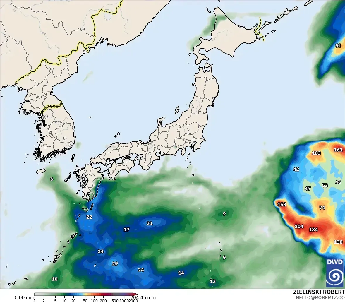 日本全土で1日最大43ミリの降水、2026年10月10日（土）。ICONモデル