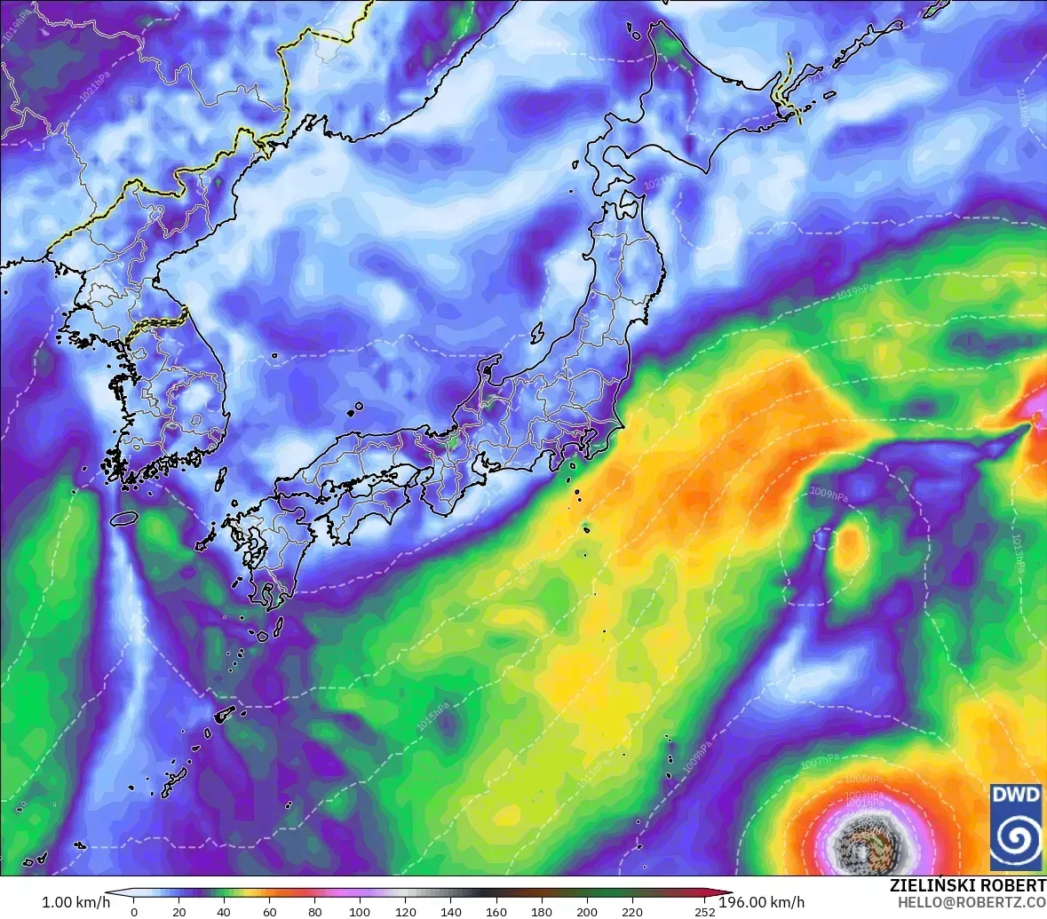 日本全土で最大瞬間風速38メートル、中心部は台風の風速域（33メートル以上）、2026年10月11日（日）。ICONモデル