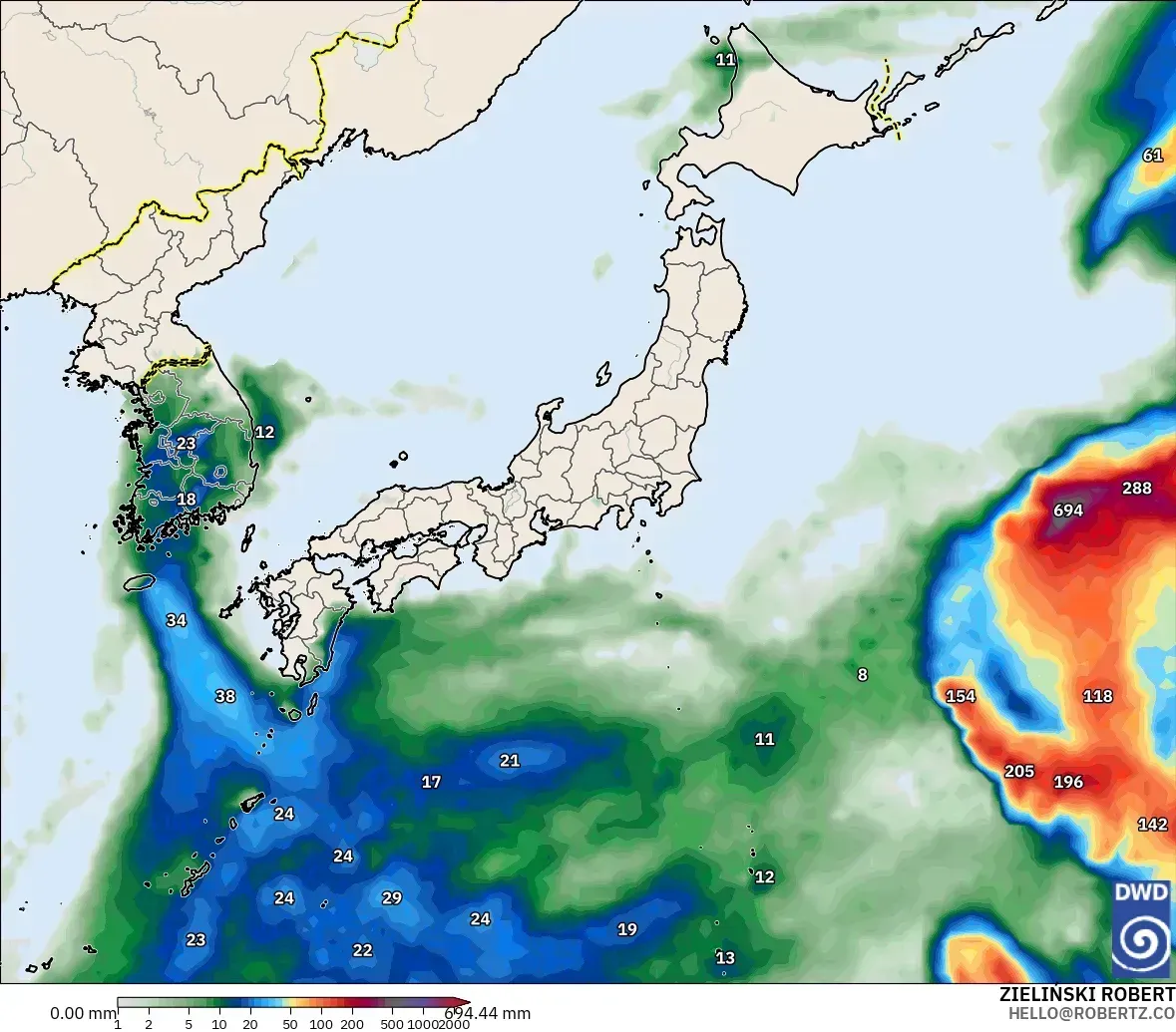 日本全土で1日最大82ミリの降水、2026年10月11日（日）。ICONモデル
