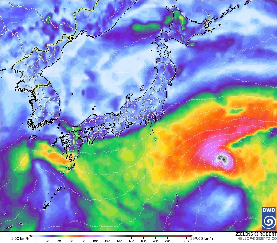 日本全国で最大瞬間風速36メートル、台風の風の力に匹敵する中心（≥33m/s）、2026年10月10日（土）。ICONモデル
