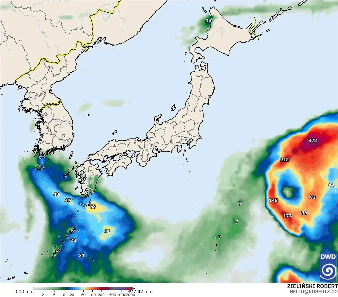 日本全国で1日最大159mmの雨、100mm以上の雨の中心、2026年10月11日（日）。ICONモデル