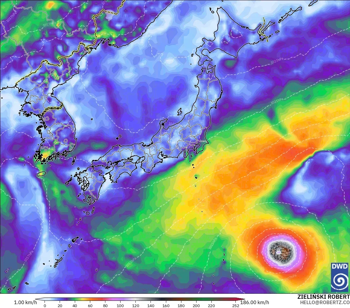 日本全国で最大瞬間風速39メートル、台風の風の力に匹敵する中心（≥33m/s）、2026年10月12日（月）。ICONモデル