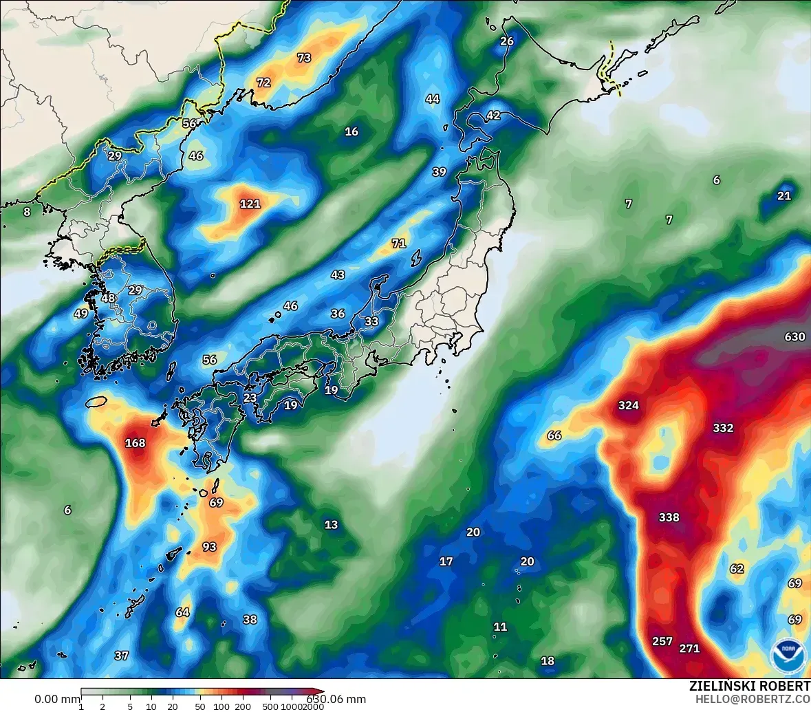 日本全国で1日最大105mmの雨、100mm以上の雨の中心、2026年10月14日（水）。GFSモデル