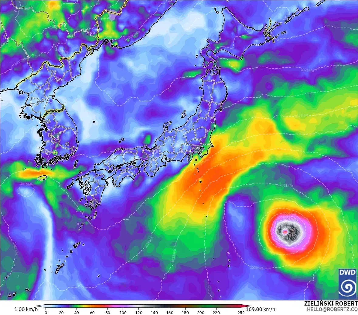 日本列島で最大瞬間風速39メートル、中心は台風並みの強さ（33メートル以上）、2026年10月12日（月）。ICONモデル