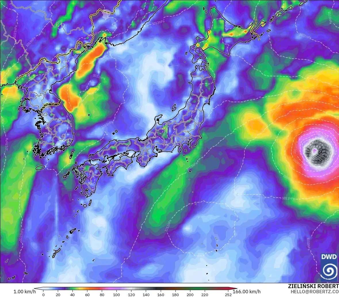 日本列島で最大瞬間風速40メートル、中心は台風並みの強さ（33メートル以上）、2026年10月13日（火）。ICONモデル