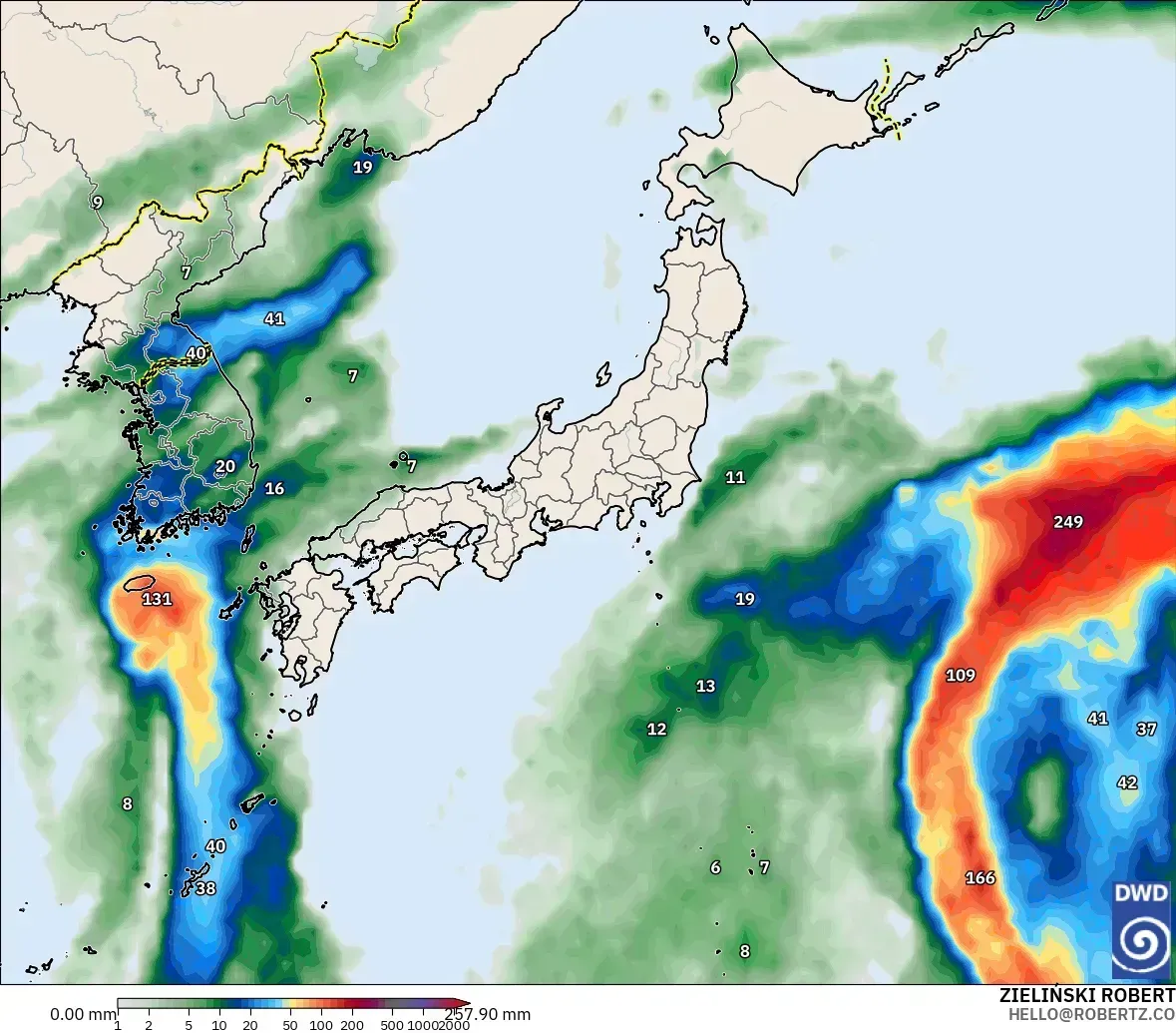 日本列島で1日最大81ミリの雨、2026年10月13日（火）。ICONモデル