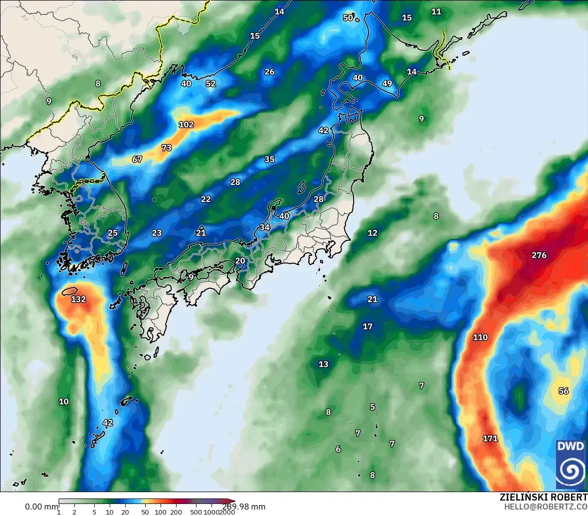 日本列島で1日最大68ミリの雨、2026年10月14日（水）。ICONモデル
