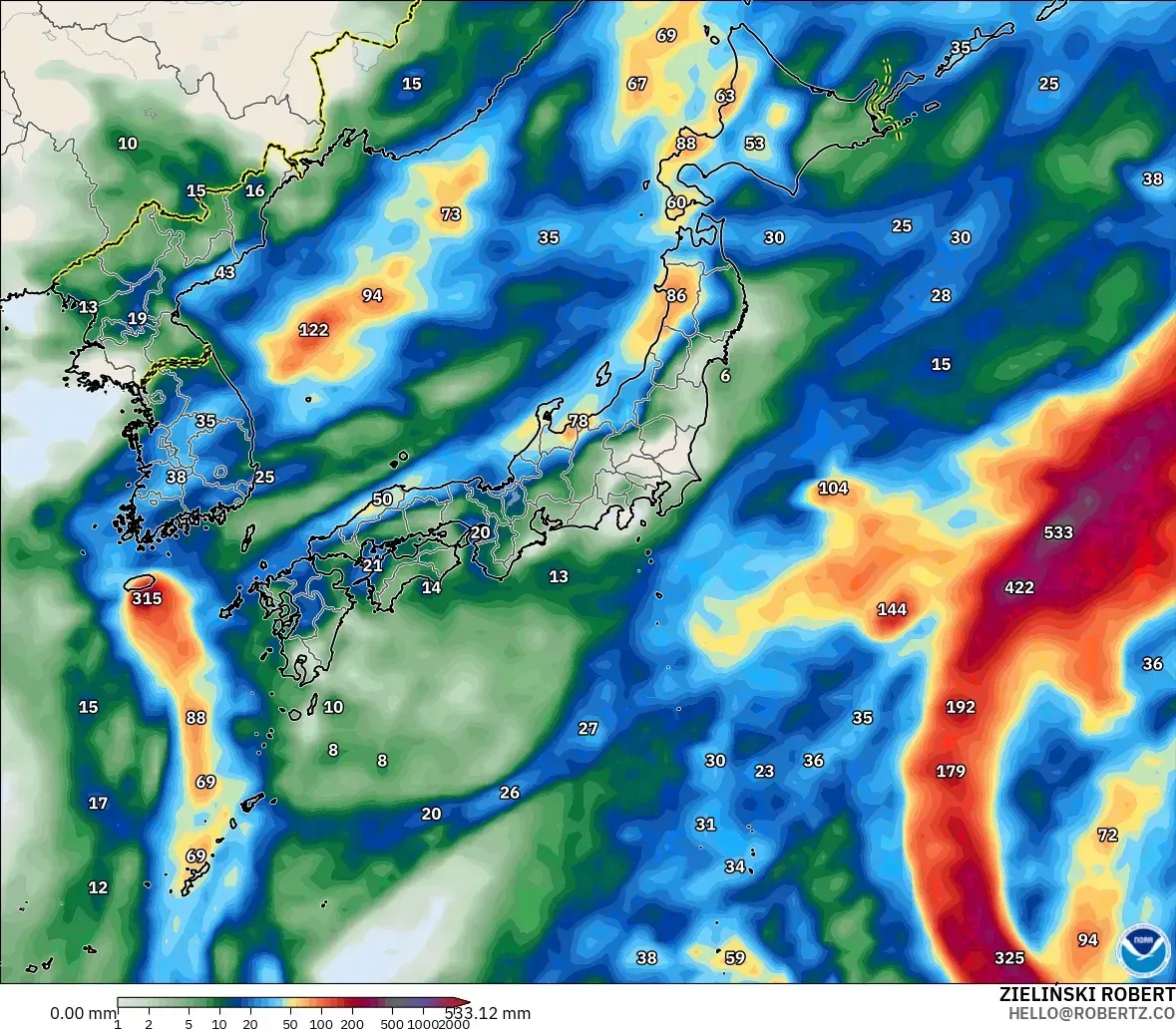 日本列島で1日最大70ミリの雨、2026年10月16日(金)。GFSモデル