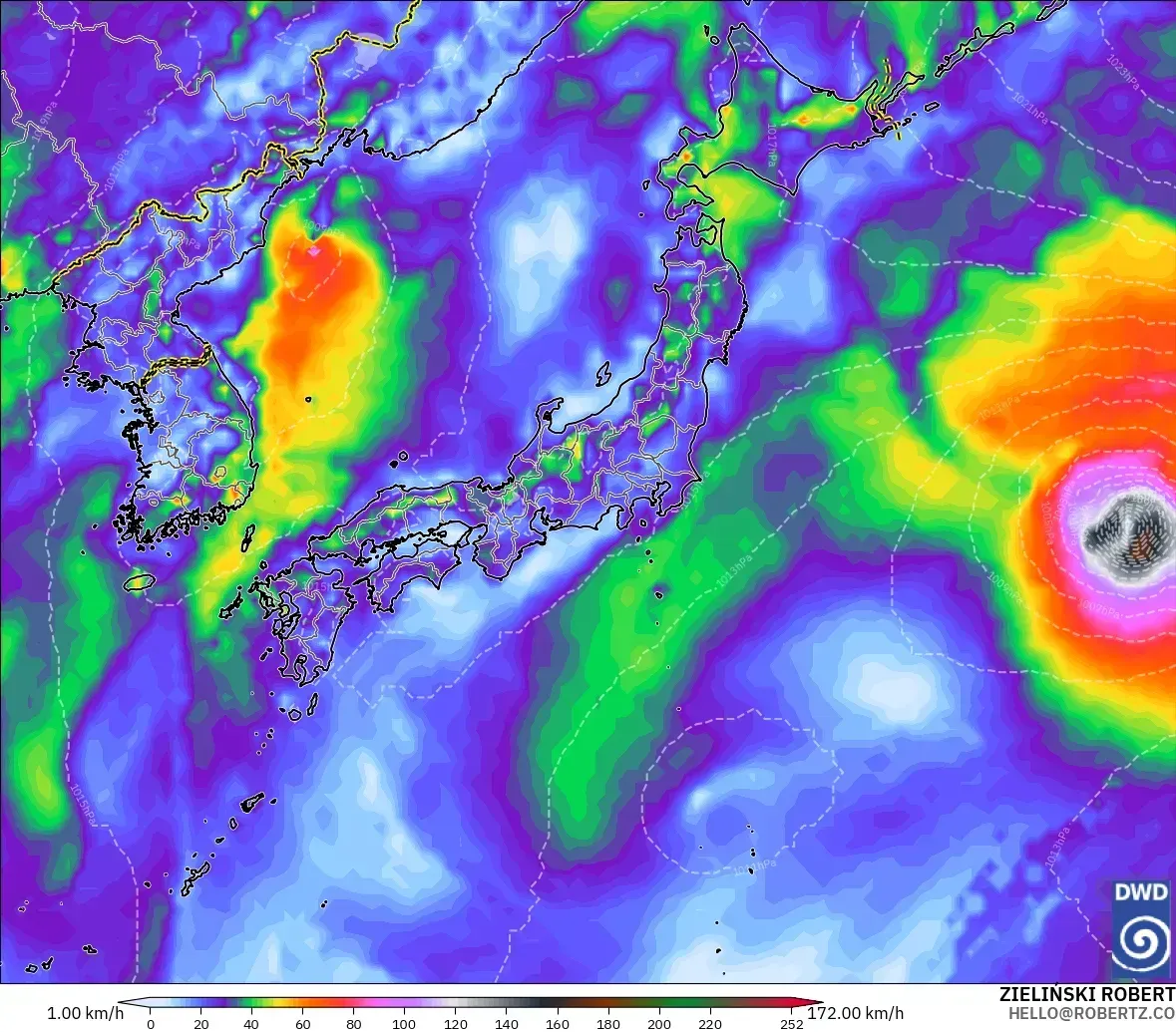 最大瞬間風速40メートル、台風並みの風速33メートル以上の領域が全国を覆う、2026年10月13日（火）。ICONモデル