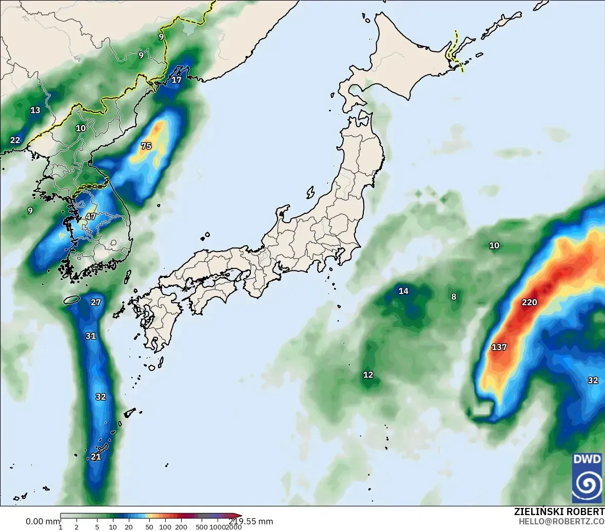 1日当たりの降水量138mm、極端な雨（100mm以上）の領域が全国を覆う、2026年10月13日（火）。ICONモデル