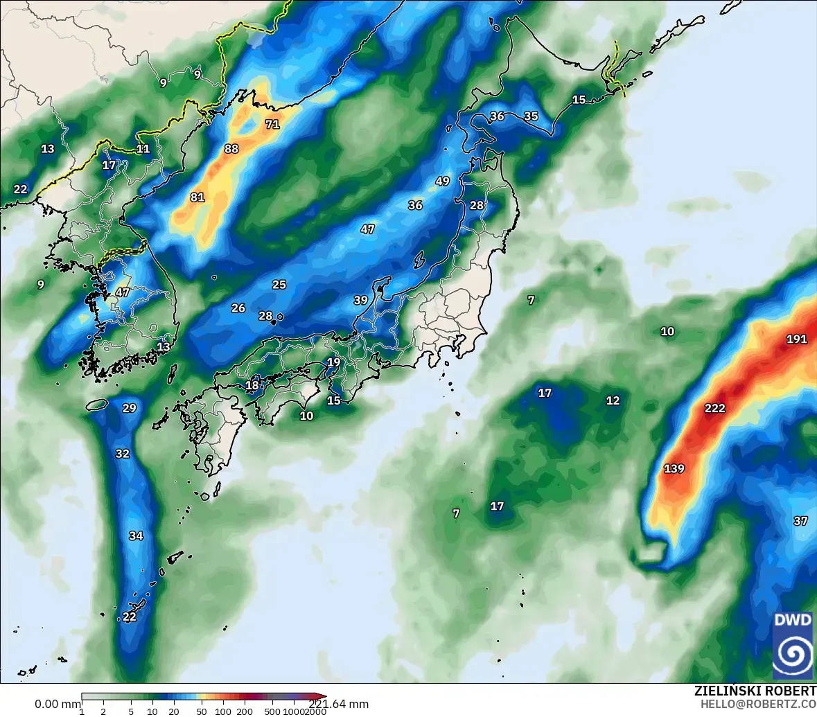 1日当たりの降水量73mmが全国を覆う、2026年10月14日（水）。ICONモデル