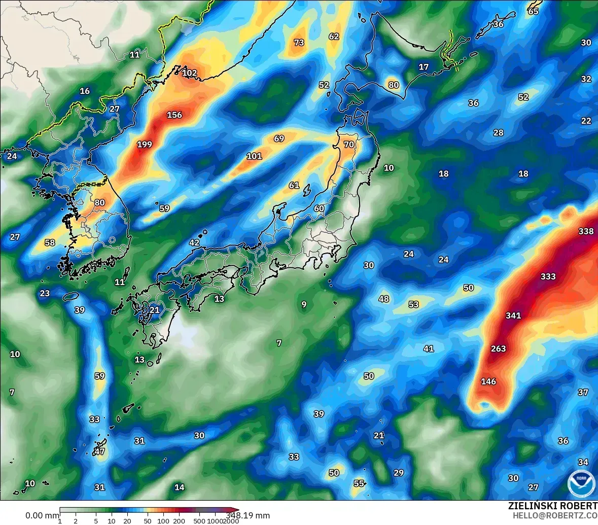 1日当たりの降水量56mmが全国を覆う、2026年10月17日（土）。GFSモデル