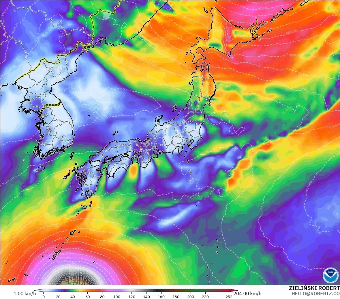 2026年10月22日（木）の日本全域の突風、最大瞬間風速39メートル。中心部では33メートル以上の台風級の強さ。GFSモデル
