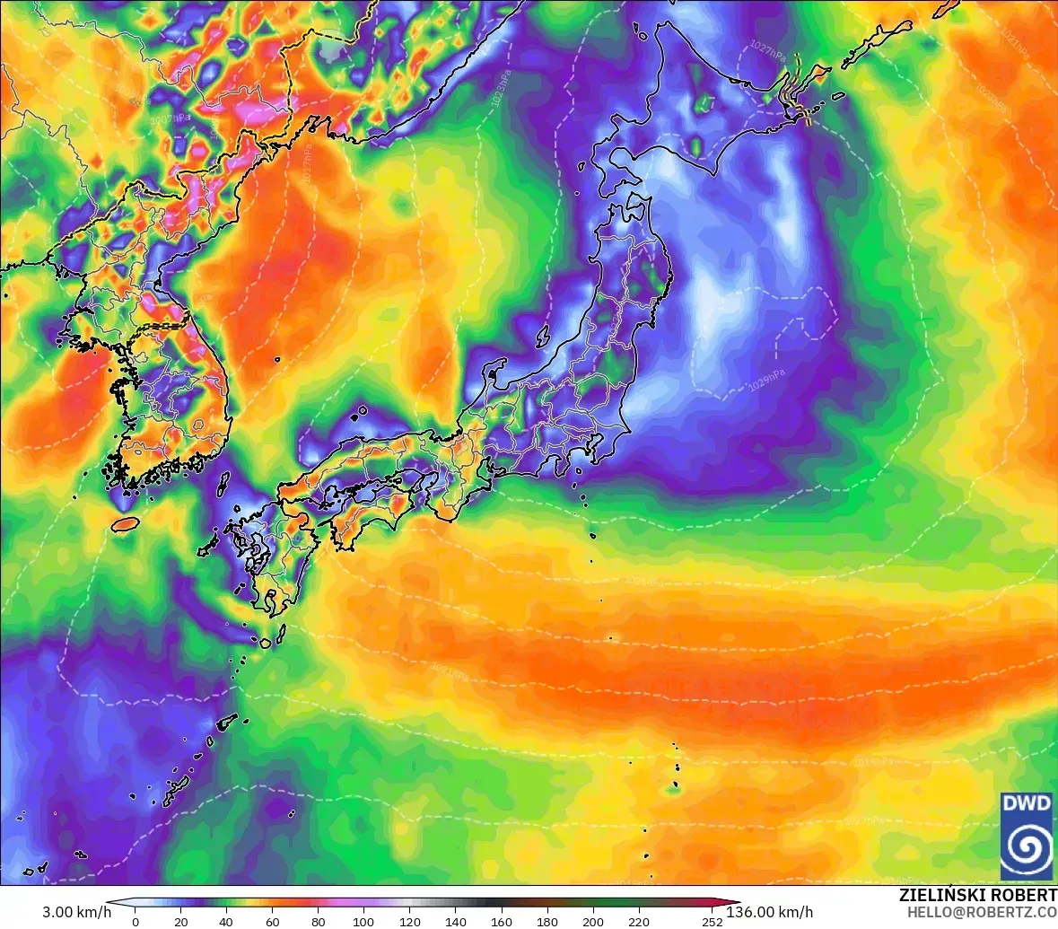 2026年10月18日（日）の日本全域の突風、最大瞬間風速24メートル。ICONモデル