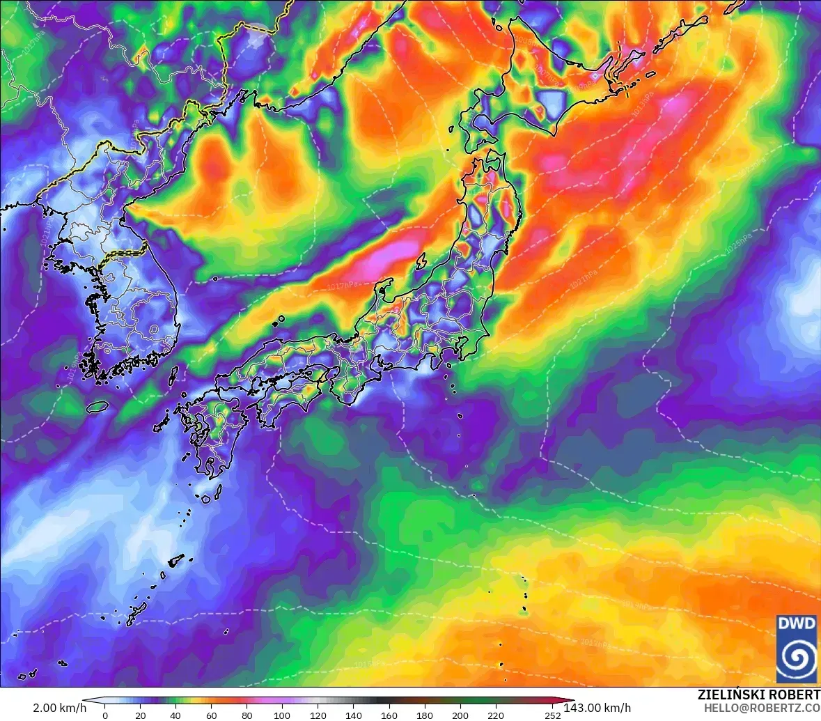 2026年10月19日（月）の日本全域の突風、最大瞬間風速25メートル。ICONモデル