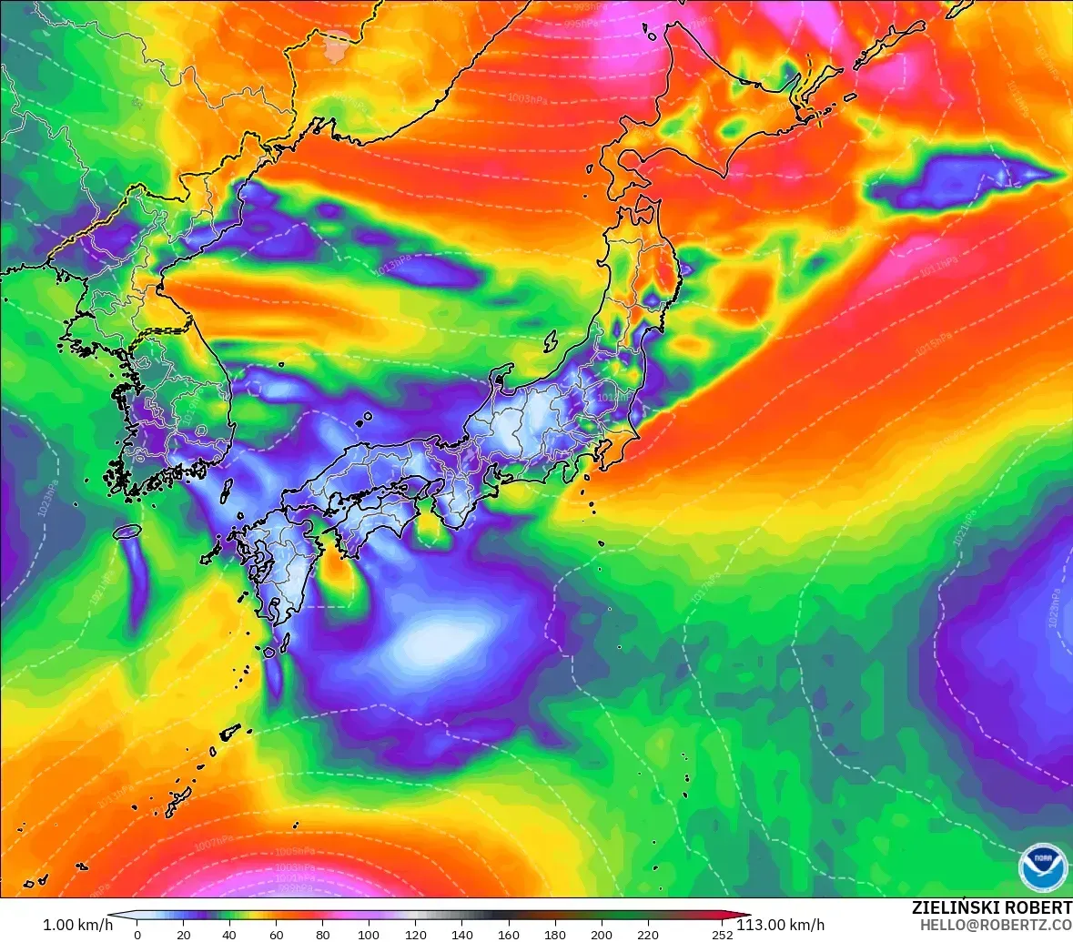 2026年10月21日（水）の日本全域の突風、最大瞬間風速27メートル。GFSモデル
