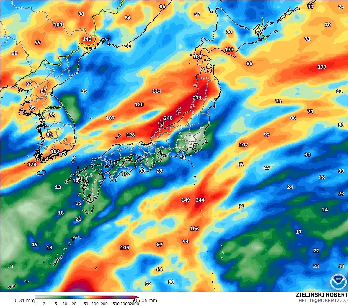 2026年10月22日（木）の日本全域の一日の降水量、最大40ミリ。GFSモデル