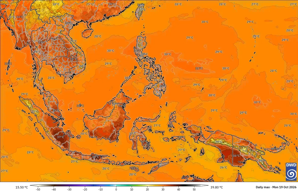 2026年10月19日（月）、インドネシア全域で最高気温40℃まで。ICONモデル