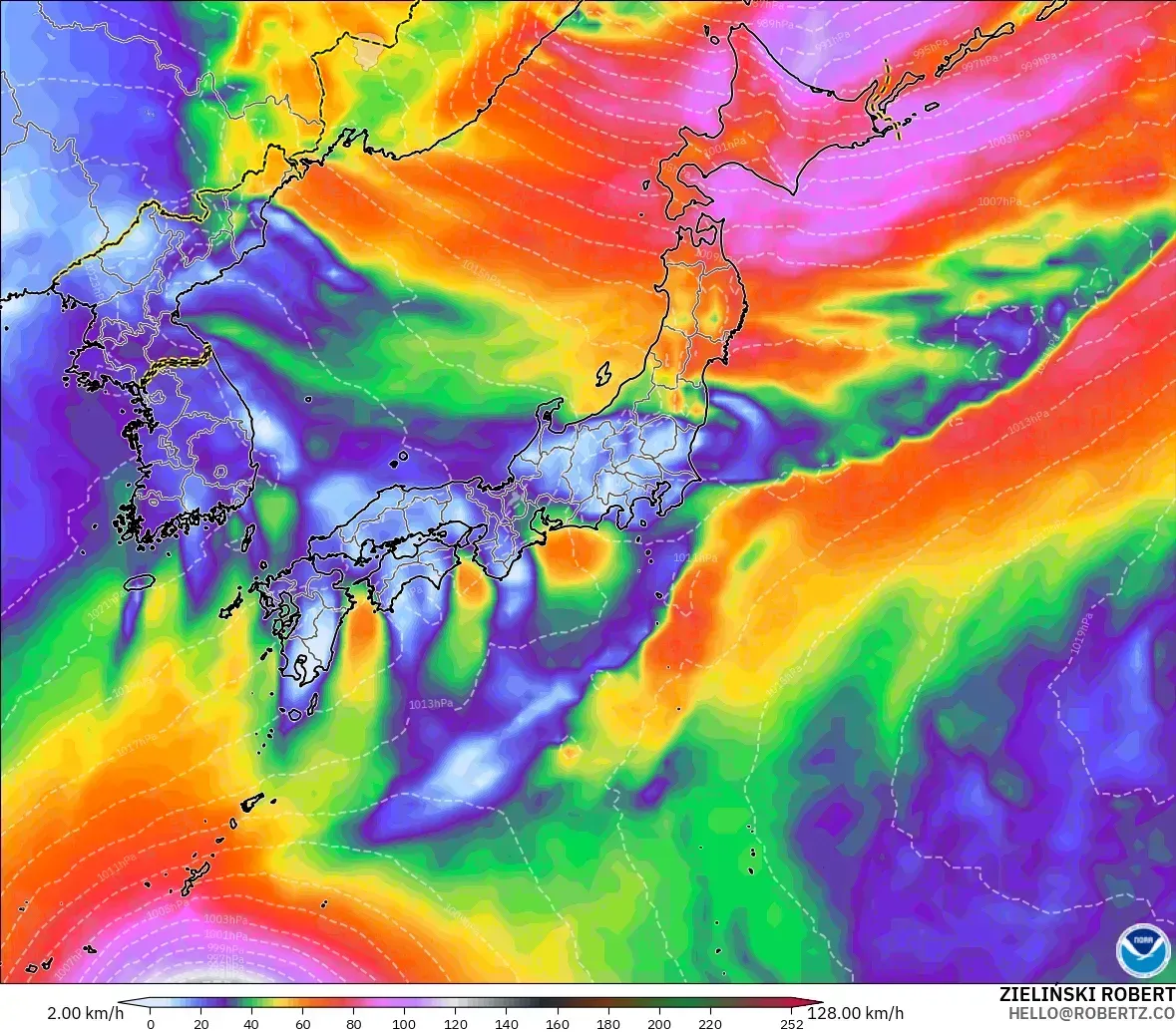 2026年10月22日（木）、日本南方で最大瞬間風速32メートル。GFSモデル