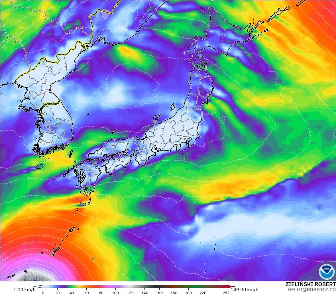 2026年10月23日（金）、日本付近で最大瞬間風速36メートル。中心では33メートル以上の台風級の風。GFSモデル