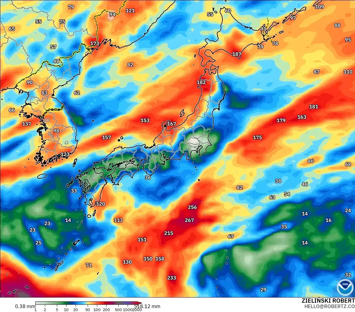 2026年10月24日（土）、日本付近で7.8日間にわたる降水量は最大394ミリ。GFSモデル