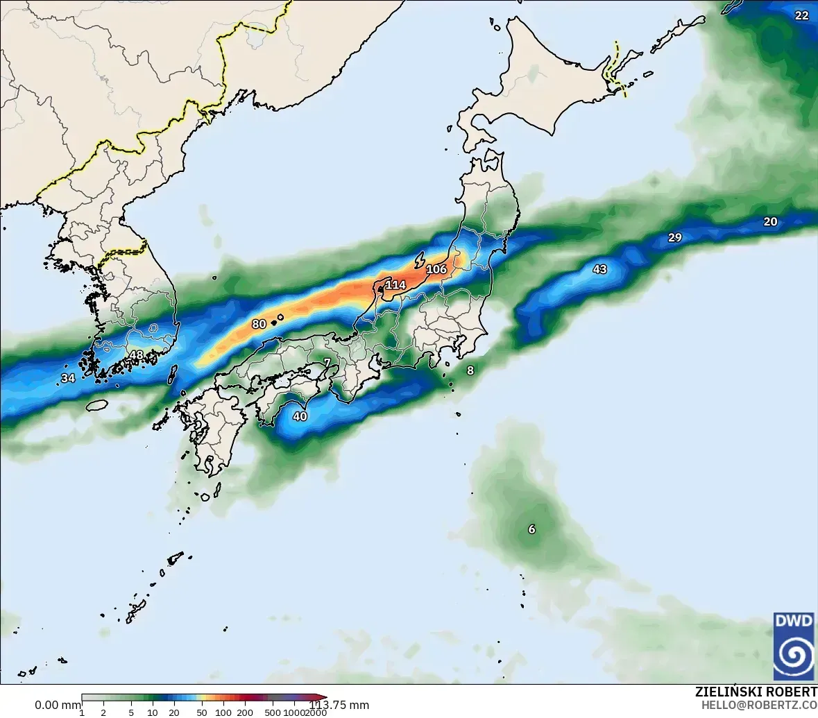 2026年10月20日（火）の日本付近、降水量最大83ミリ。ICONモデル