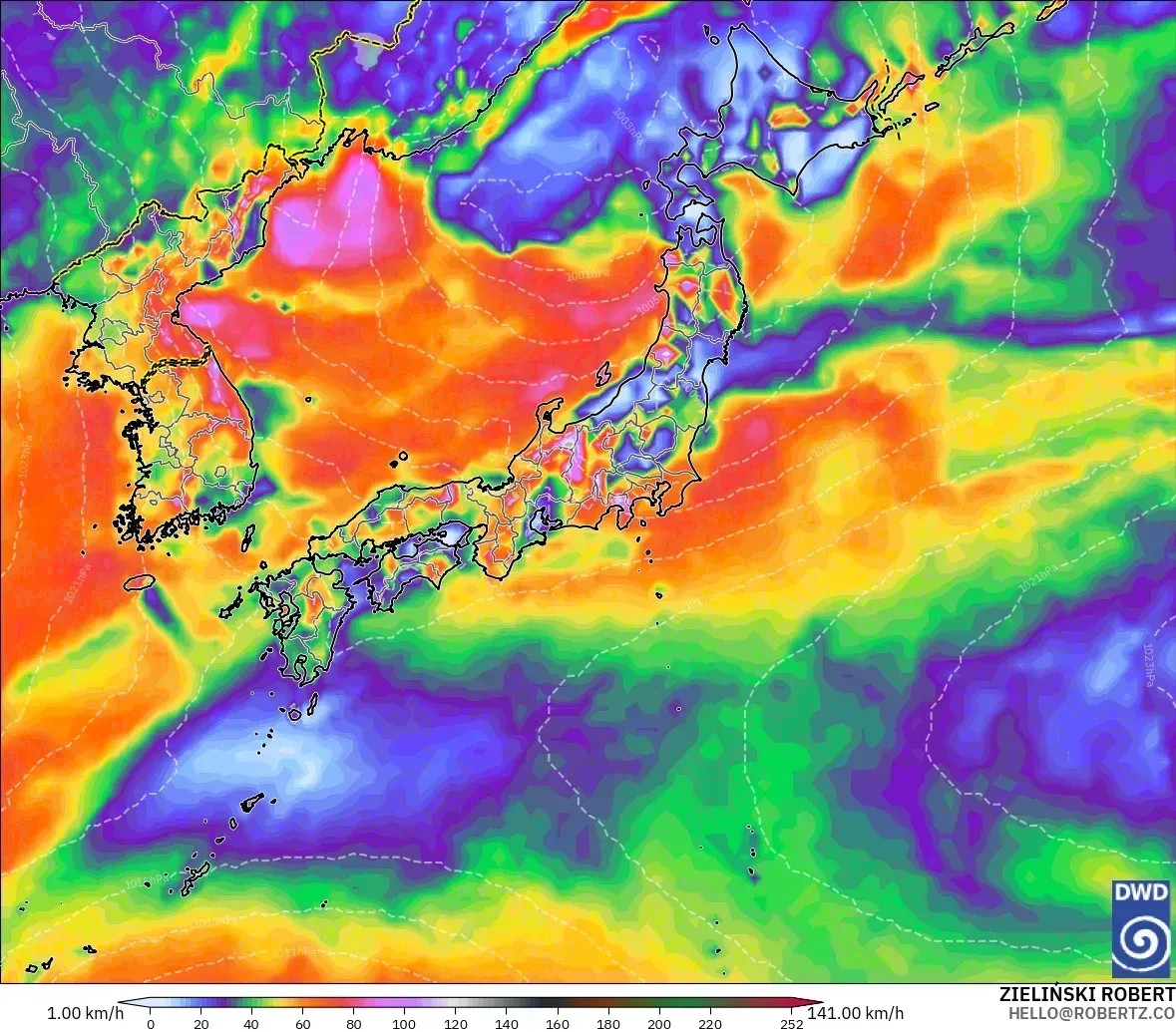 2026年10月21日（水）の日本付近、最大瞬間風速26メートル。ICONモデル