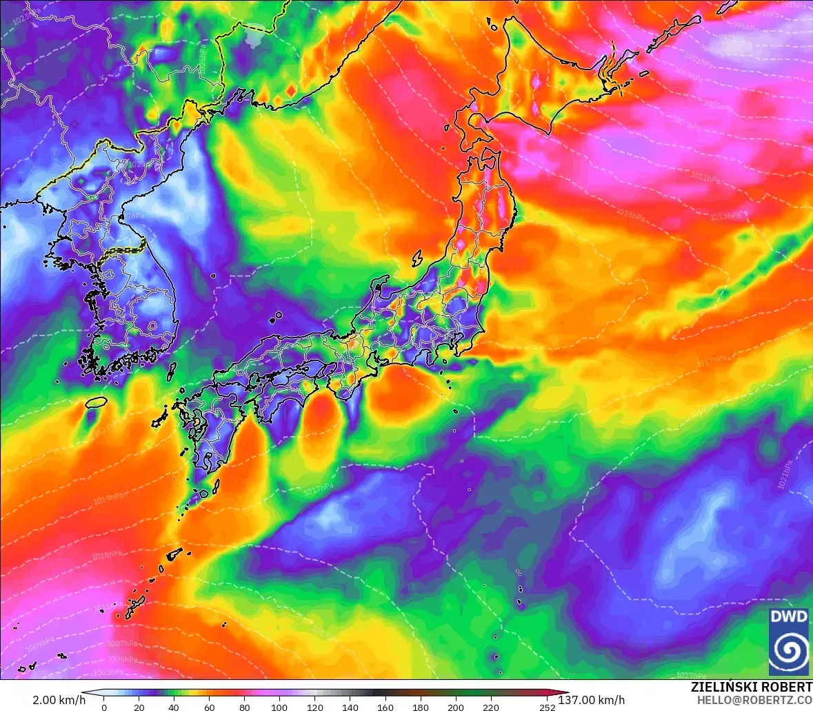 2026年10月22日（木）の日本東側、最大瞬間風速32メートル。ICONモデル