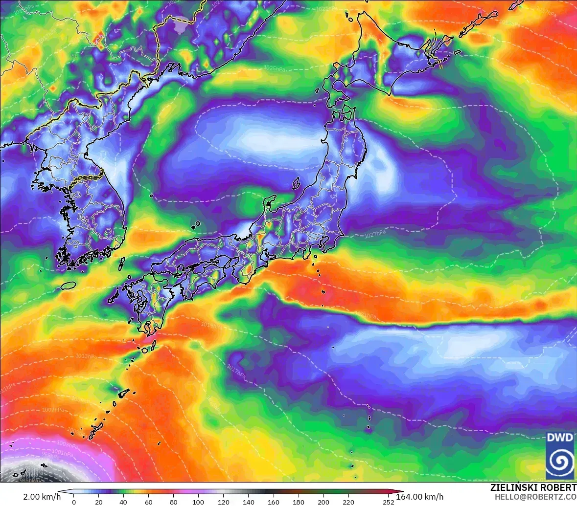2026年10月23日（金）の日本付近、最大瞬間風速40メートル、うち核心部は台風並みの風速（33メートル以上）。ICONモデル