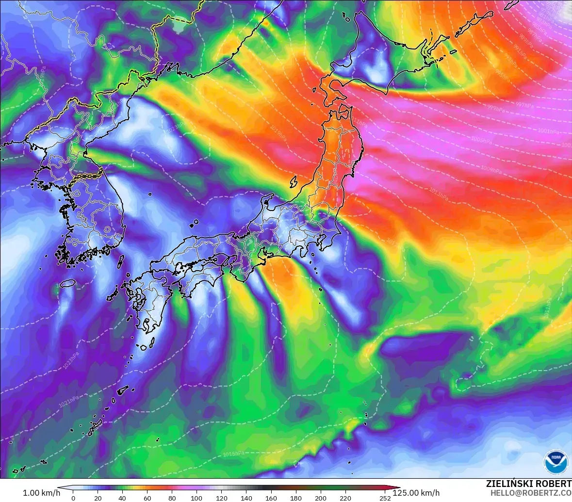 最大瞬間風速33メートル、日本のはるか東、2026年10月28日（水）の予想。GFSモデル