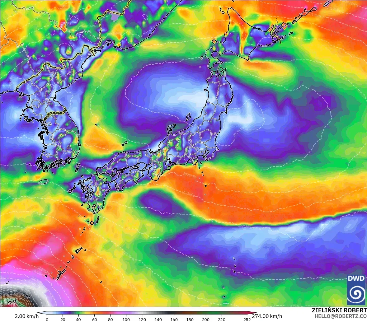 最大瞬間風速41メートルで台風並みの中心（33メートル以上）を含む、日本付近、2026年10月23日（金）の予想。ICONモデル