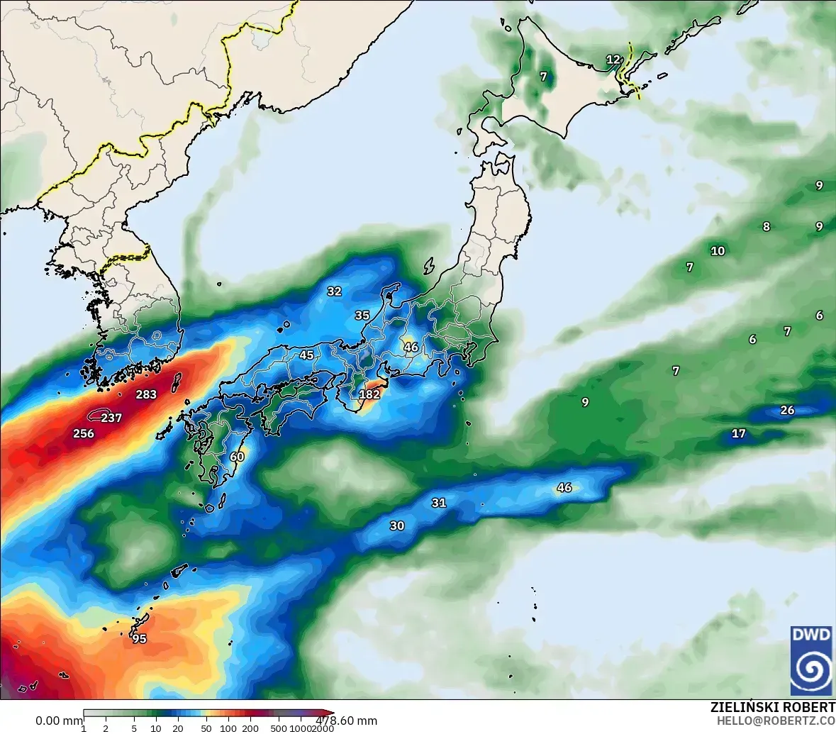 2.1日間の降水量337ミリで極端な雨の中心（1日100ミリ以上）を含む、日本西方、2026年10月24日（土）の予想。ICONモデル
