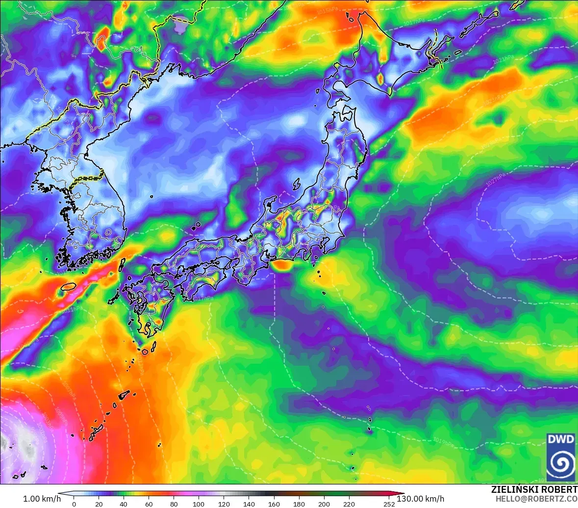 最大瞬間風速34メートルで台風並みの中心（33メートル以上）を含む、日本付近、2026年10月24日（土）の予想。ICONモデル