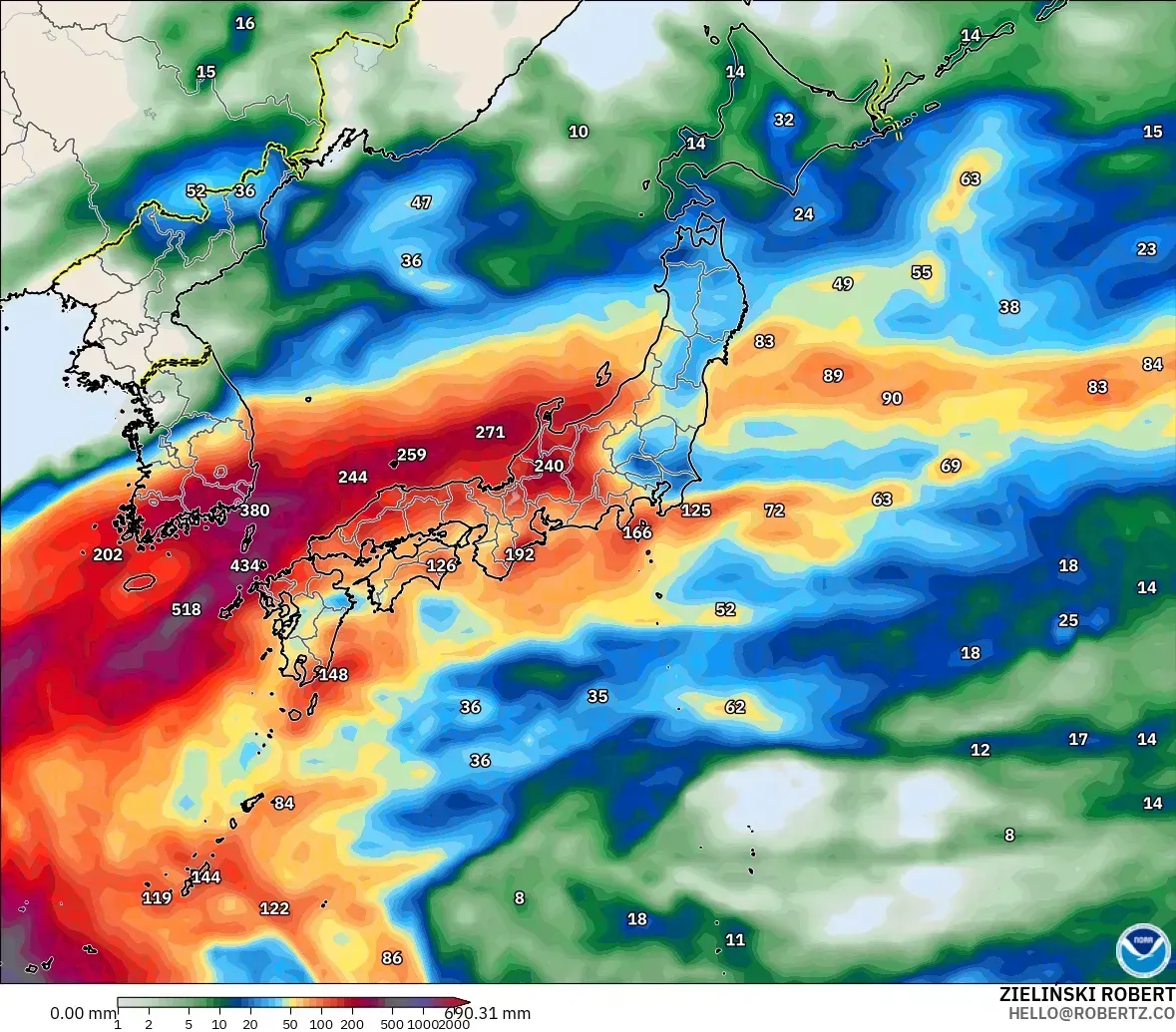 5.1日間の降水量537ミリ、日本西方、2026年10月27日（火）の予想。GFSモデル
