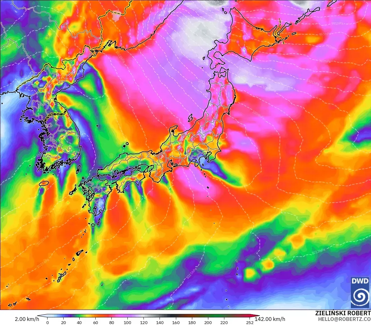 2026年10月28日（水）、日本付近で最大瞬間風速35メートル、台風の勢力の中心（最大風速33メートル以上）。ICONモデル