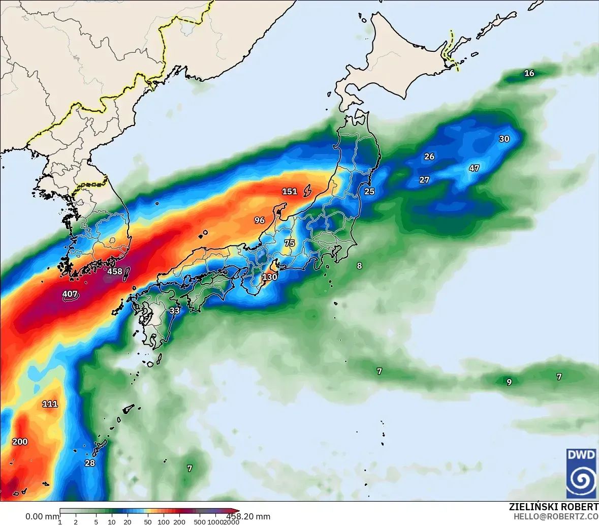 2026年10月25日（日）、日本付近で1.6日間に最大289ミリの降水、強雨の中心（1日100ミリ以上）。ICONモデル