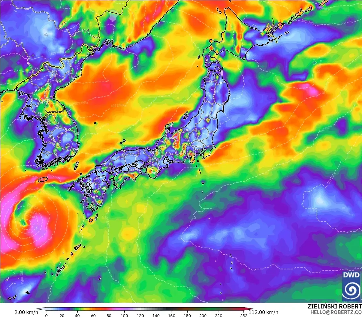 2026年10月25日（日）、日本付近で最大瞬間風速26メートル。ICONモデル