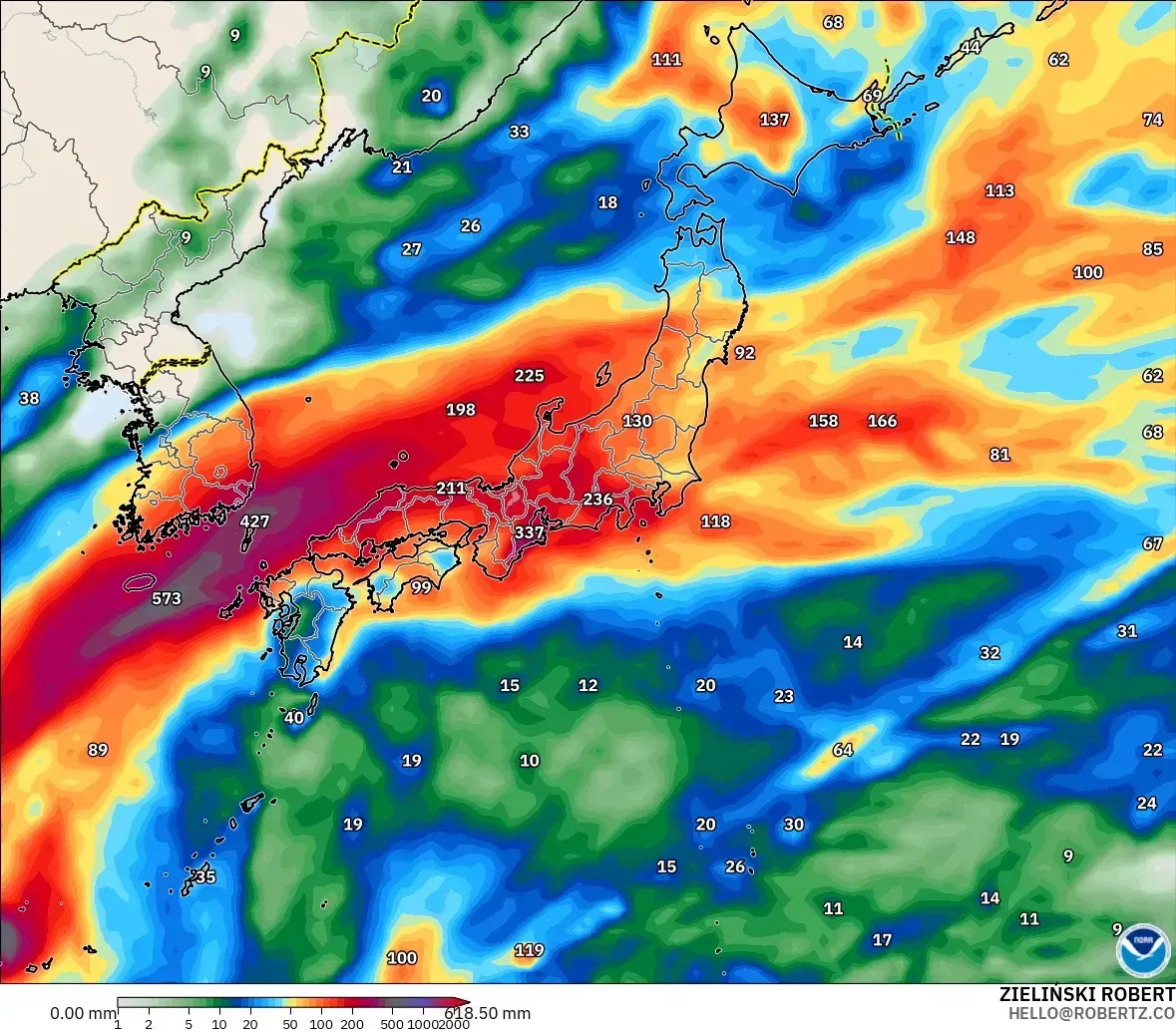 2026年10月29日（木）、日本付近で5.6日間に最大1361ミリの降水。GFSモデル