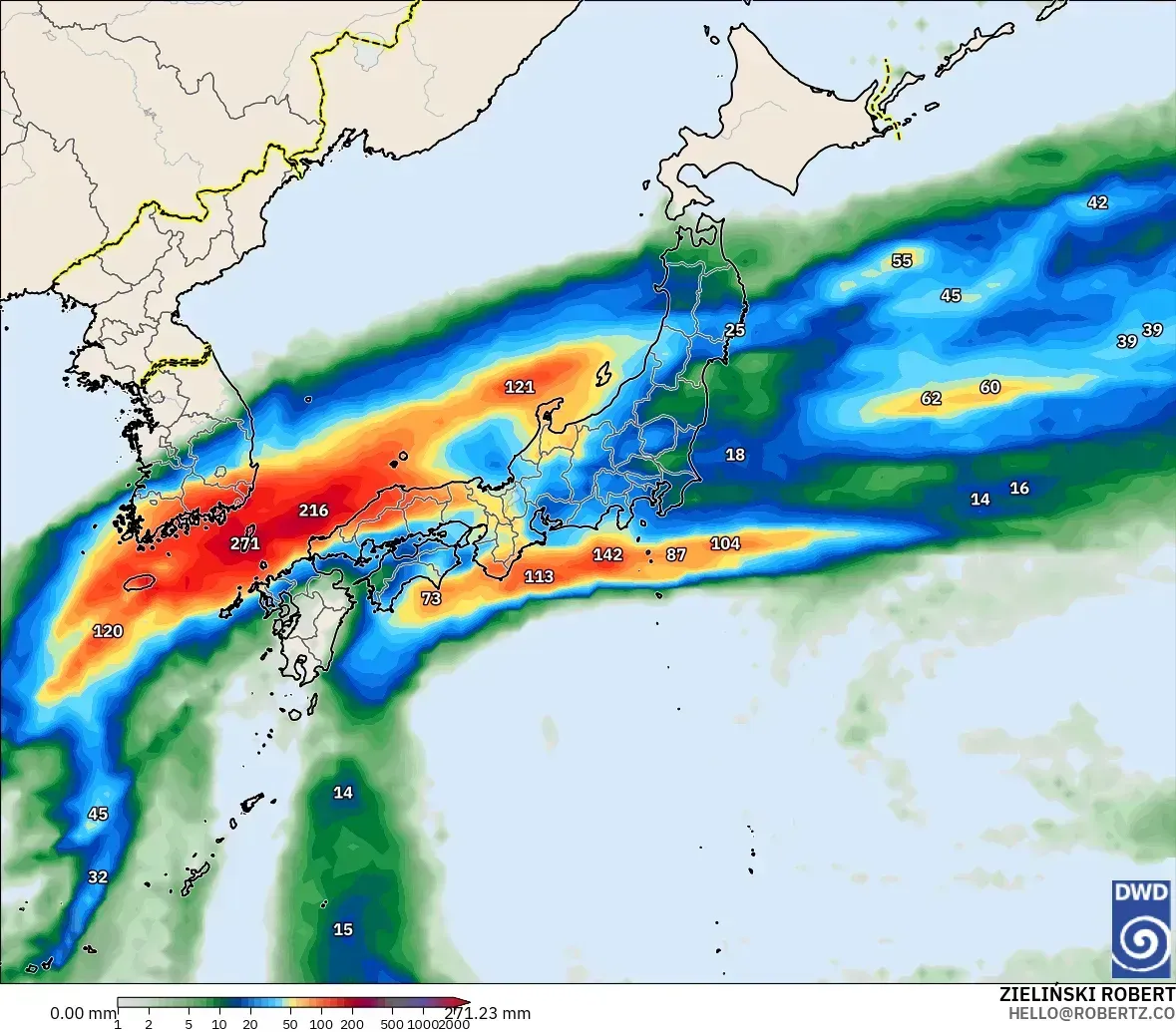 10月26日（月）、日本付近で1.6日間に最大181ミリの雨。中心部では1日100ミリ以上の大雨。ICONモデル