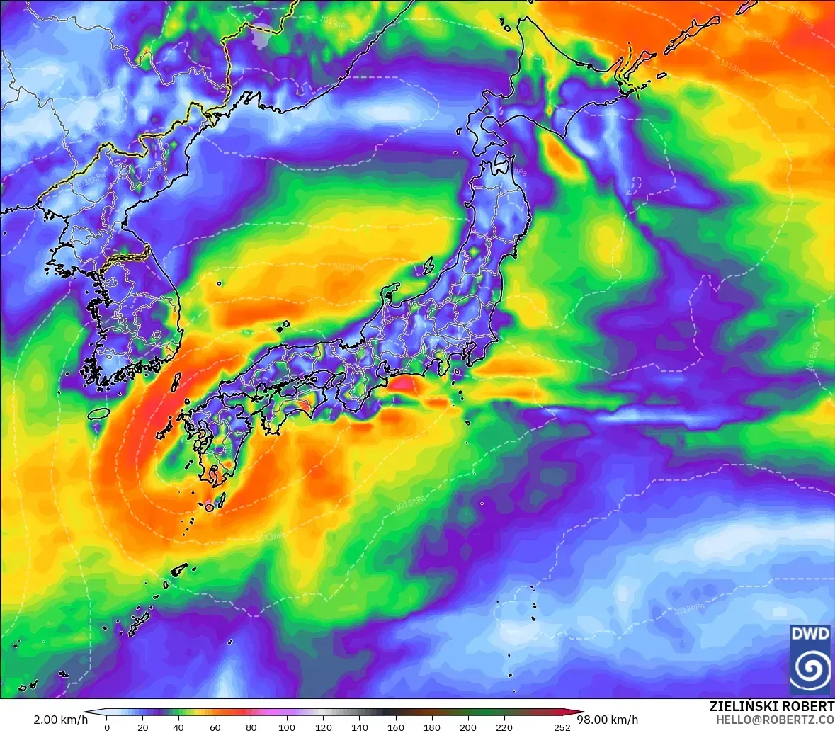 10月26日（月）、日本付近で最大瞬間風速21メートルの突風。ICONモデル