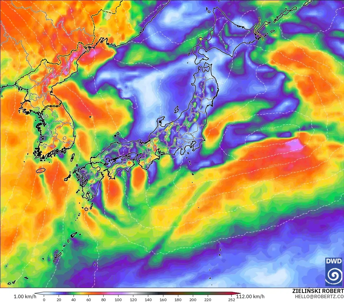 10月27日（火）、日本の東で最大瞬間風速26メートルの突風。ICONモデル