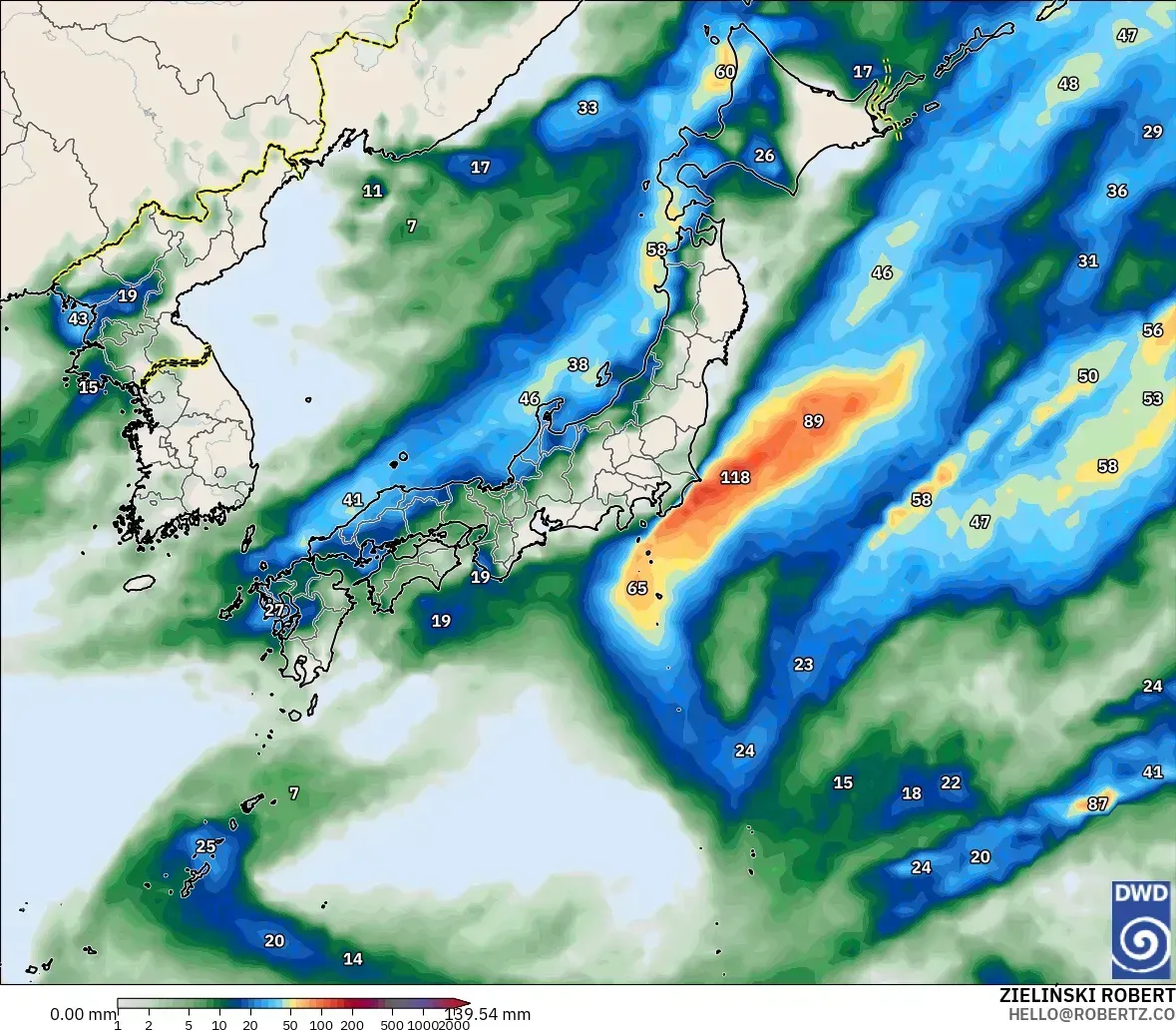 日本付近で2.9日間の降水量が最大114mm、2026年10月31日（土）。ICONモデル