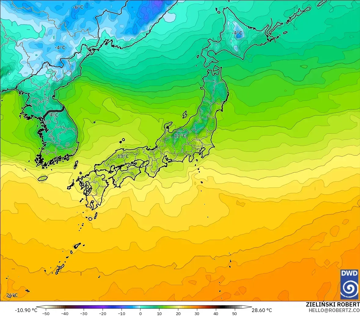 日本の北で気温は-8℃まで下がる予想、2026年11月1日（日）。ICONモデル